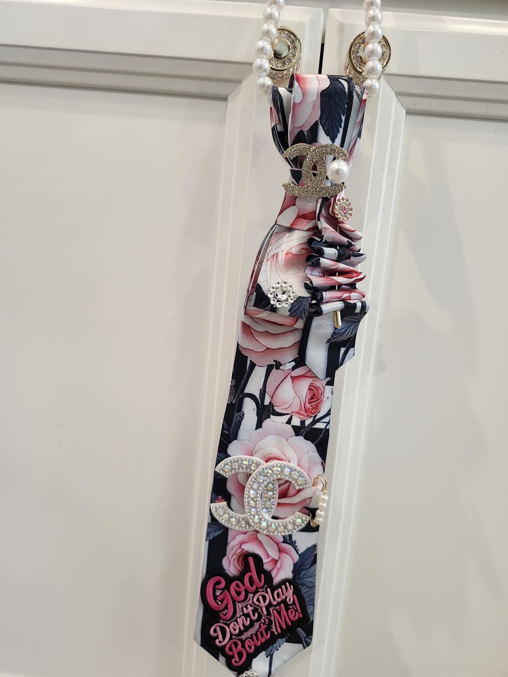 Pink Floral Statement Tie with Pearl & Crystal Accents